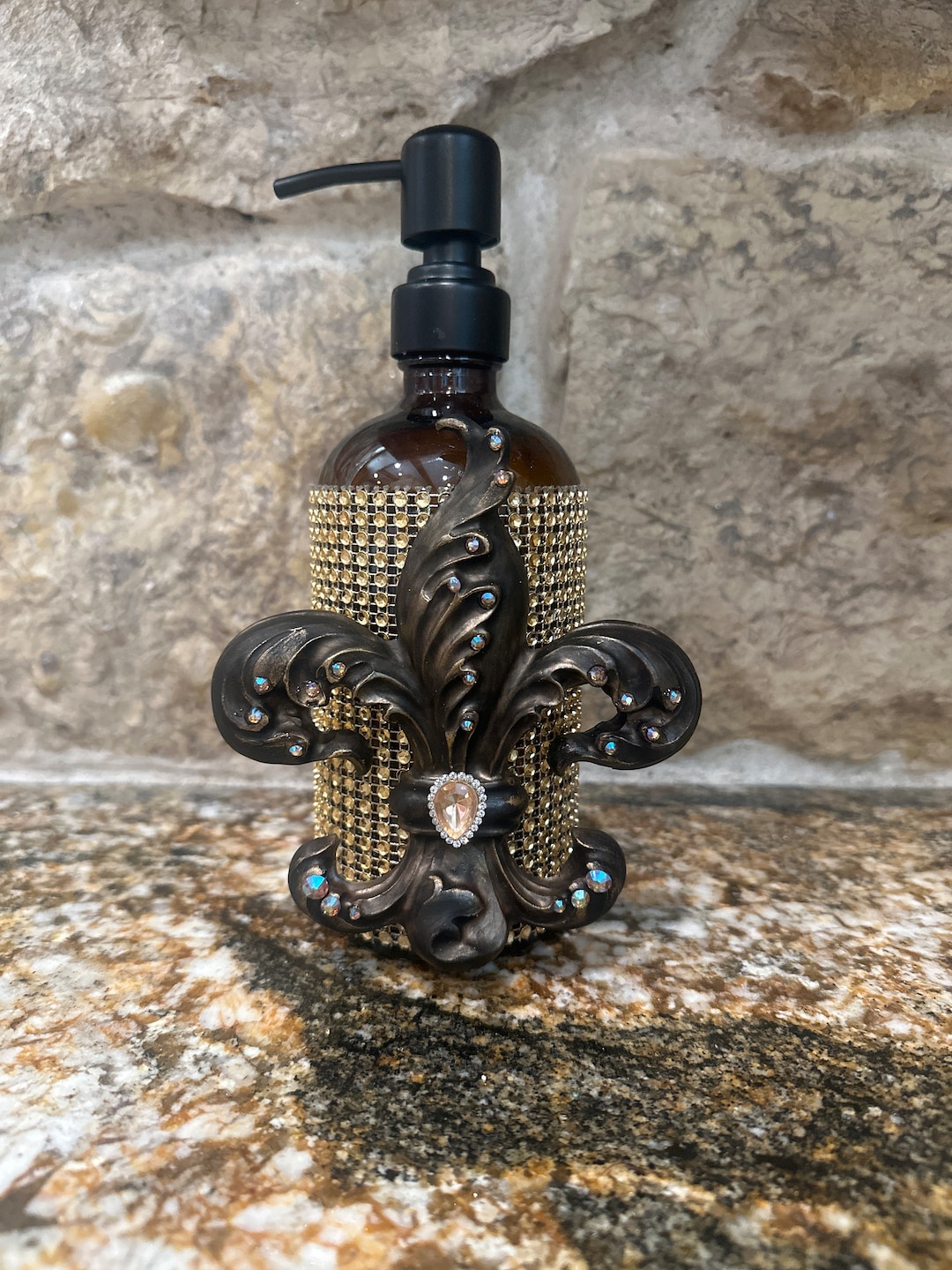 Fleur De Lis Dispenser Glass Soap/lotion Dispenser Embellished Etsy