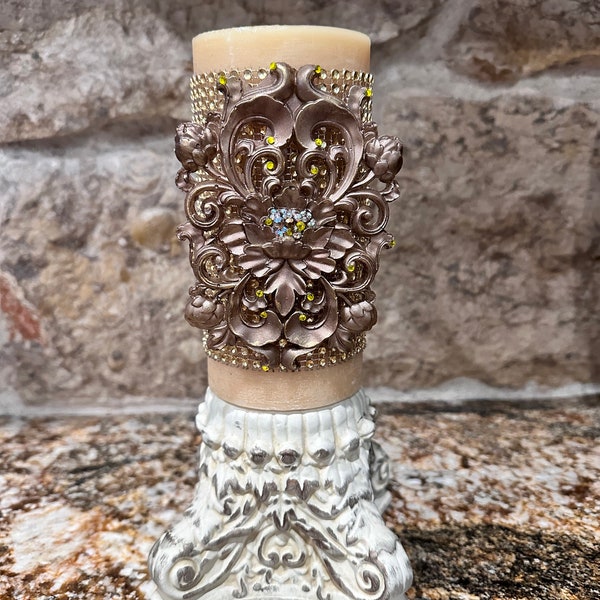 Candle pin ornate scroll embellished, candle accessory, unique gift, handmade, old world decor