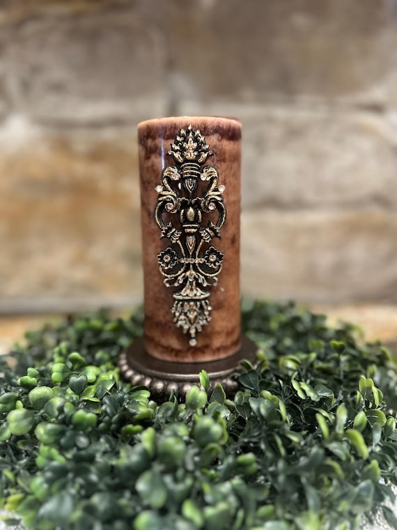 Ornate scroll candle pin, old world decor, embellished, candle accessory, unique gift, handmade, reusable, home decor