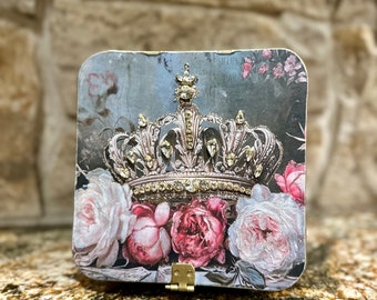 Decorative crown metal box vintage rose embellished unique gift handmade diy jewelry box trinket box keepsake box