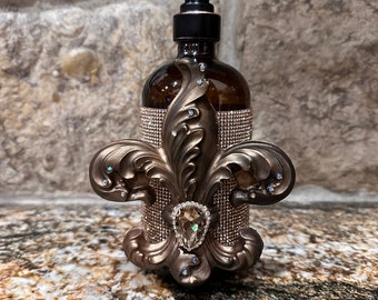 Fleur de lis soap lotion dispenser, bathroom decor, bday gift, hostess gift, old world decor, embellished  bottle decor, glass dispenser