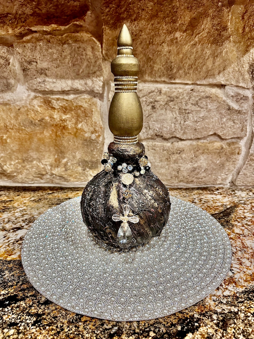 Painted Bottle, Decorated Bottle, Embellished Bottle, Vanity Topper, Shabby Chic, Handmade ...