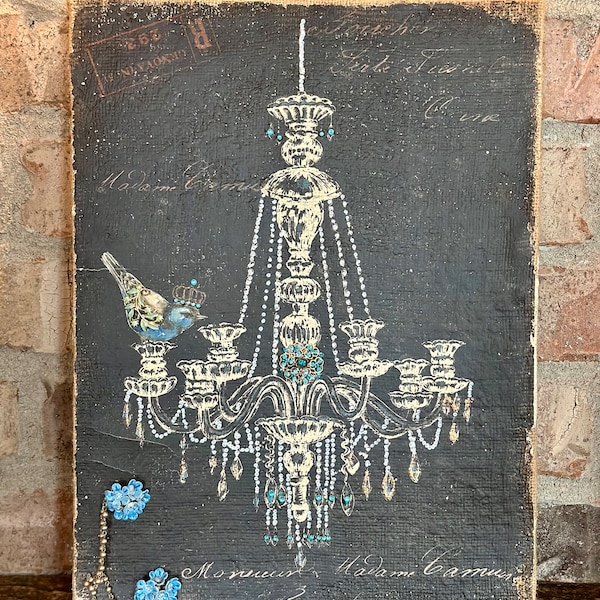 Burlap canvas picture crown bird chandelier gift wall hanging