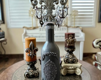 Fleur De Lis glass bottle jug, boutique decorative bottle, recycled glass, home decor, European decorative bottle
