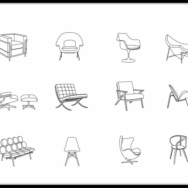 Iconic Mid Century Modern Chairs Digital Print - Mid Century Art - Line Drawing - Minimalist Print