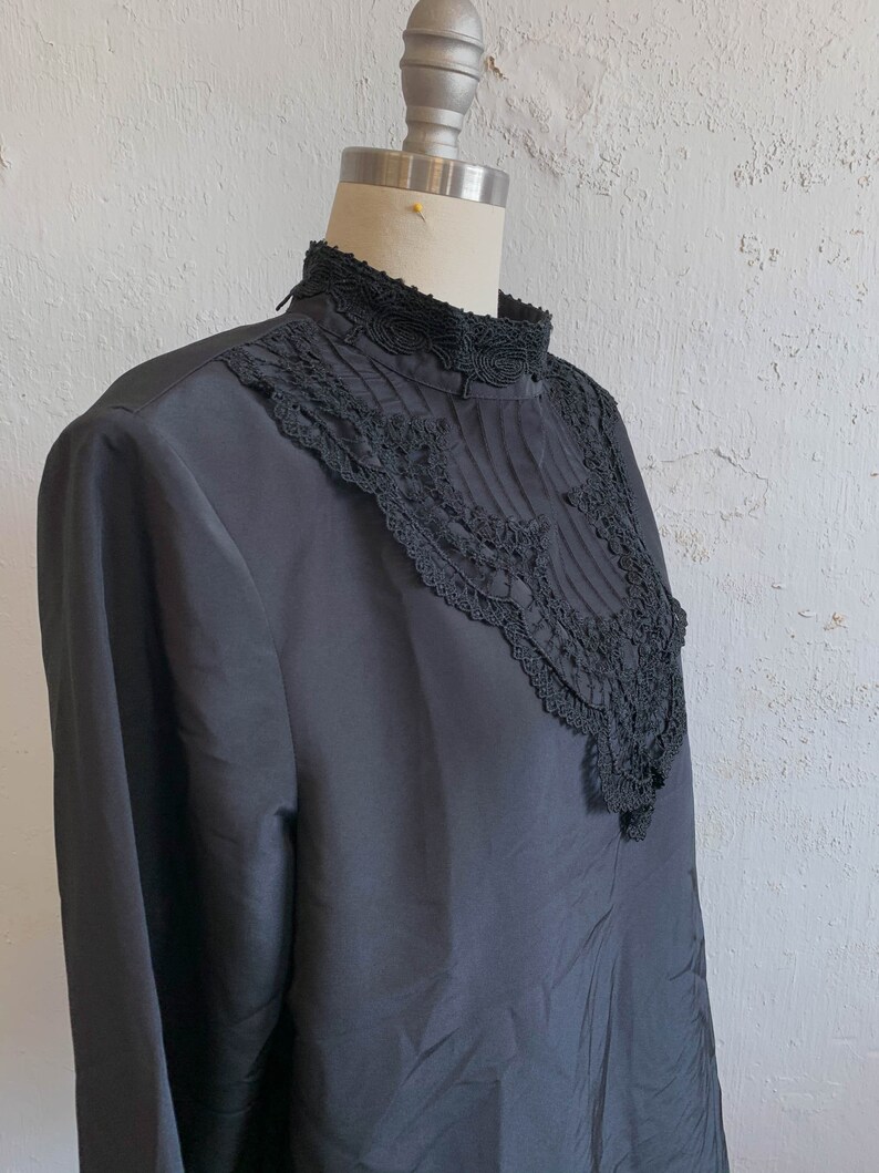 Vtg Secretary Black Blouse Career Top Edwardian Style Lace Bodice Pleats 80s 16P