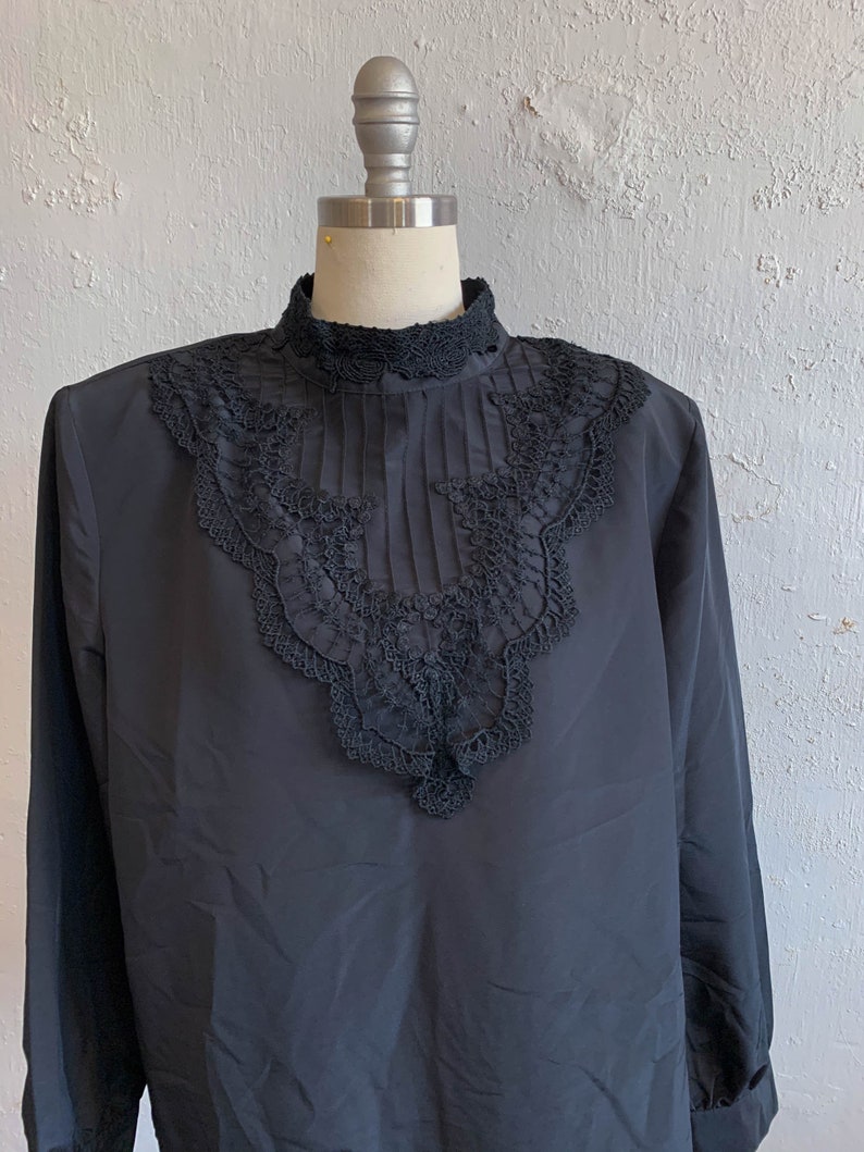 Vtg Secretary Black Blouse Career Top Edwardian Style Lace Bodice Pleats 80s 16P