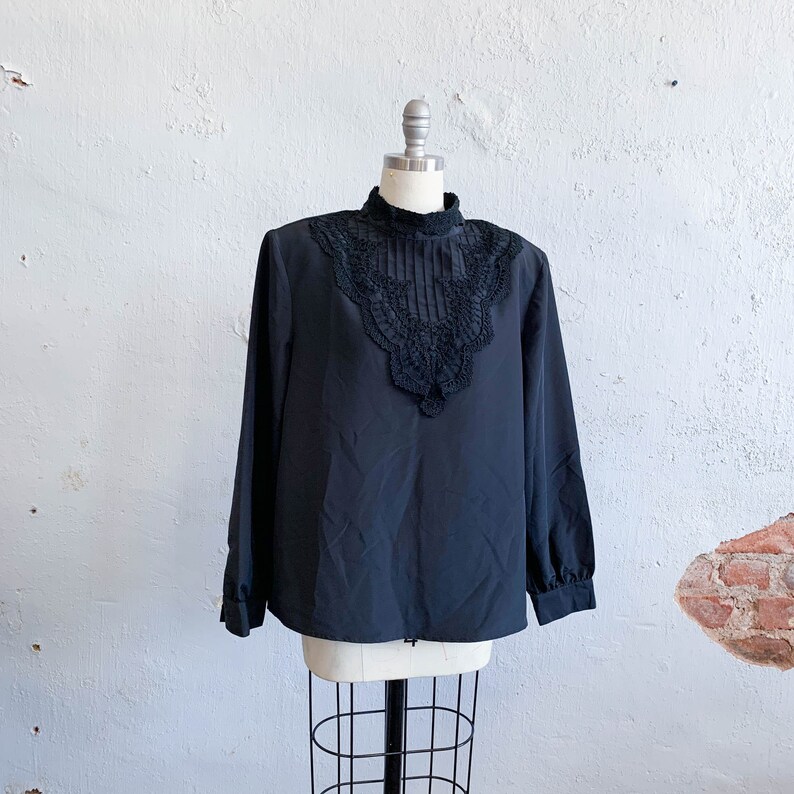 Vtg Secretary Black Blouse Career Top Edwardian Style Lace Bodice Pleats 80s 16P