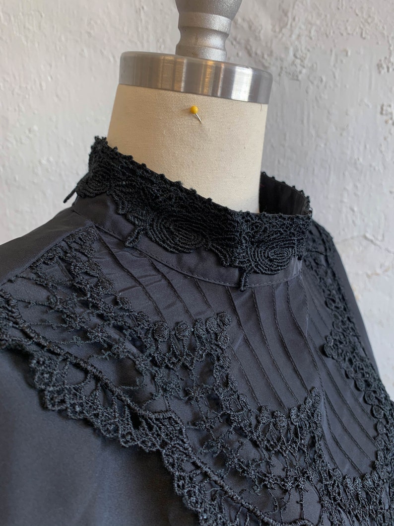 Vtg Secretary Black Blouse Career Top Edwardian Style Lace Bodice Pleats 80s 16P