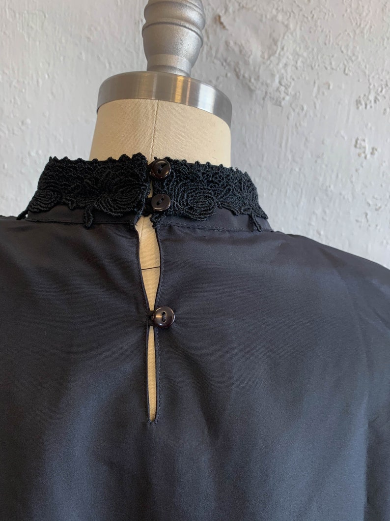 Vtg Secretary Black Blouse Career Top Edwardian Style Lace Bodice Pleats 80s 16P