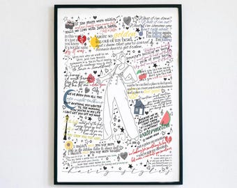 Op de afbeelding: Zwart omlijste kunstdruk met een lijntekening van een persoon, omringd door songteksten en decoratieve elementen. De print bevat de naam "Harry Styles" en songtitels zoals "Golden" en "Watermelon Sugar".