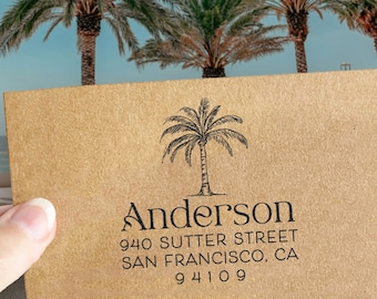 Custom Return Address Stamp with Palm Tree, Self inking or wooden rubber stamp, Housewarming Gift Destination Wedding Invitation Logo