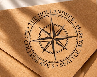 Custom Nautical Return Address Stamp, Compass Rose, Personalized Self Inking or Wooden Rubber Stamp