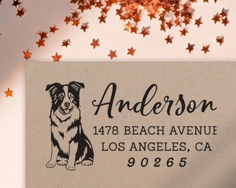 Custom Retrurn Address Stamp Border Collie Dog Holiday Wedding Housewarming Gift Self Inking or Wooden Rubber Stamp