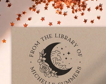 Floral Library Stamp From the Library Of Teacher Stamp Gift Flowers Moon Waves Classroom Book Custom Wooden Rubber or Self Inking