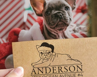 Custom Address Stamp French Bulldog Christmas Santa Claus Hat Return Address Stamp Holiday Gift Stocking Stuffer Self Inking Rubber Stamp