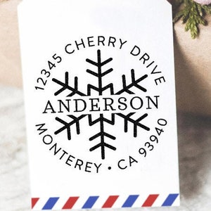 Christmas Address Stamp Personalized Holiday Gift Snowflake Return Address Stamp Self Inking or Rubber Stamp Wood Handle Stocking Stuffer