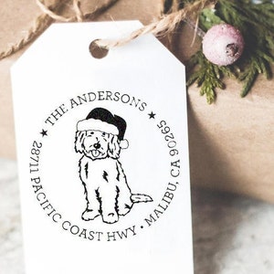 Custom Address Stamp Golden Doodle Christmas Santa Claus Hat Return Address Stamp Holiday Gift Stocking Stuffer Self Inking Rubber Stamp