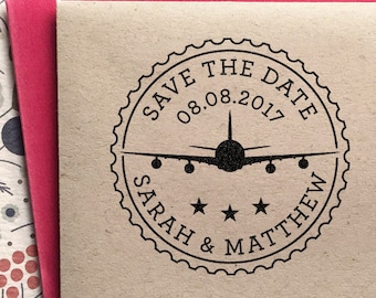 Custom Save the Date Stamp with a plane for destination weddings, wedding gift, birthday stamp, personal rubber stamp, self inking stamp