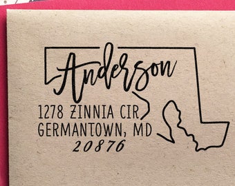 Custom Maryland Map Return Address Stamp, perfect gift for holidays, housewarming parties and weddings or as Business Card