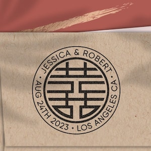 Mariage Save The Date Stamp Double Bonheur Ornement chinois Futur M. et Mme Timbre Auto-encrage ou Tampon en bois avec poignée Cadeau de mariage