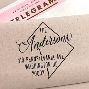 Tampon d'adresse de retour personnalisé pour l'État de Washington DC, cadeau parfait pour les vacances, les pendaisons de crémaillère et les mariages ou comme carte de visite
