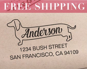 May include: A beige envelope with a dachshund illustration and the name "Anderson" in a script font. The address reads "1234 BUSH STREET, SAN FRANCISCO, CA 94109." A pink telegram is visible, with the words "FREE SHIPPING" across the top.