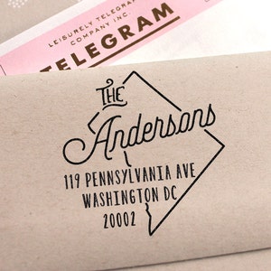 Tampon d'adresse de retour personnalisé pour l'État de Washington DC, cadeau parfait pour les vacances, les pendaisons de crémaillère et les mariages ou comme carte de visite