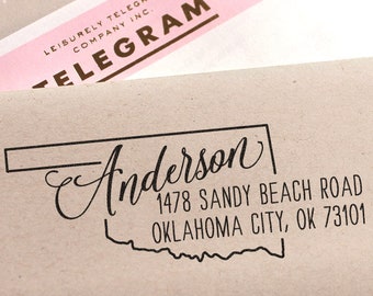 Custom Oklahoma State Return Address Stamp, perfect gift for holidays, housewarming parties and weddings or as Business Card