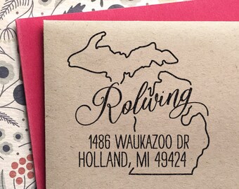 Return Address Stamp, Custom Michigan State Address Stamp, gift for holidays, housewarming parties and weddings, save the date stamp