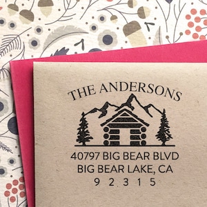 Return Address Stamp cabin in the Mountains, wedding, housewarming, christmas gift, rubber stamp, custom address stamp, self inking stamp