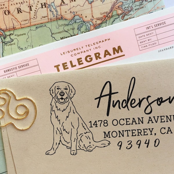 Custom Address Stamp Golden Retriever Dog Return Address Holiday Gift Dog Address Stamp Wedding Gift Self Inking Rubber Stamp Housewarming