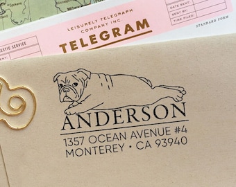 Custom Address Stamp - English Bulldog Return Address Stamp, Holiday Gift, Stocking Stuffer, Wedding Gift, Self Inking Rubber Stamp