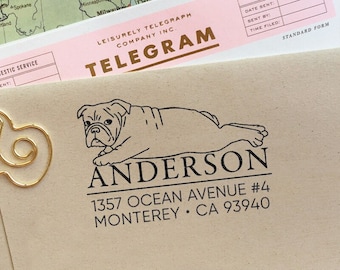 Custom Address Stamp - English Bulldog Return Address Stamp, Holiday Gift, Stocking Stuffer, Wedding Gift, Self Inking Rubber Stamp