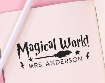 Personalized Wizard Theme Name Stamp • Magical Work Teacher Stamp • Custom Rubber Stamp for Teachers, Classroom Grading & Student Rewards