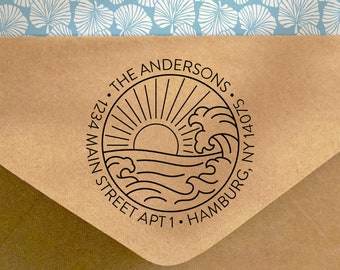Custom Return Address Stamp Beach Waves Sun Customized Housewarming Gift Personalized Wedding Self Inking Or Wooden Rubber Stamp