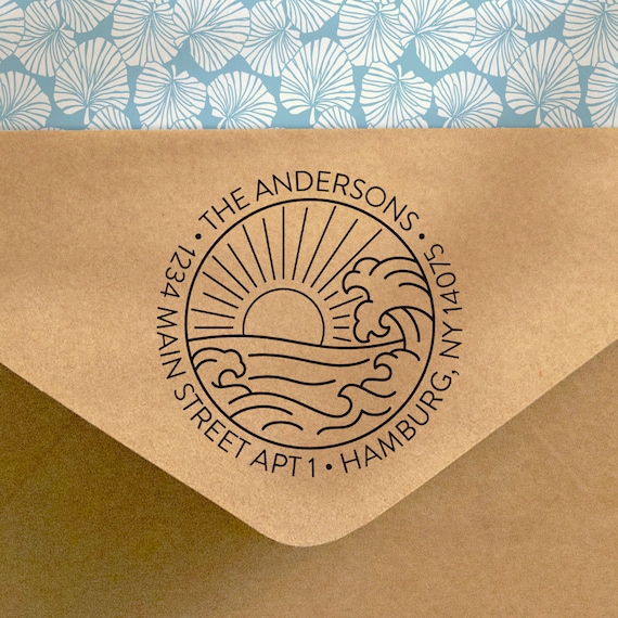 Custom Return Address Stamp Beach Waves Sun Customized Housewarming Gift Personalized Wedding Self Inking Or Wooden Rubber Stamp