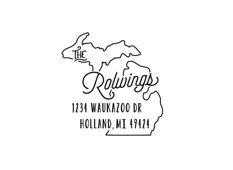 May include: Black and white line art illustration of the state of Michigan with the text "The Rollivings" and the address "1234 Waukazoo Dr. Holland, MI 49424".