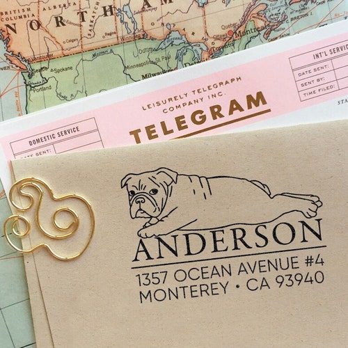 Sello de dirección personalizado - Sello de dirección de devolución de Bulldog Inglés, regalo de vacaciones, relleno de medias, regalo de boda, sello de goma autoentintado