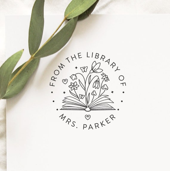 Floral Library Stamp Flowers Grow your Mind Classroom Book Custom Teacher Stamp Gift Read it Love it Return It Wooden Rubber or Self Inking