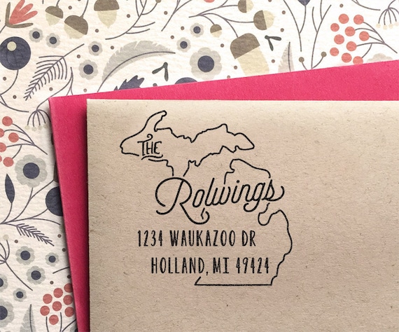 Return Address Stamp, Custom Michigan State Address Stamp, gift for holidays, housewarming parties and weddings, save the date stamp