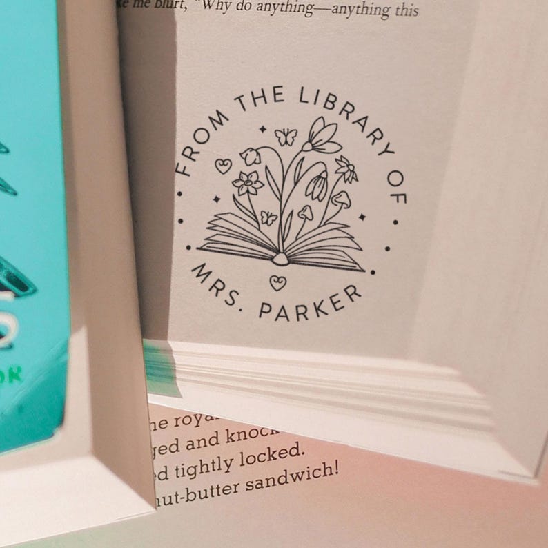 Floral Library Stamp Flowers Grow your Mind Classroom Book Custom Teacher Stamp Gift Read it Love it Return It Wooden Rubber or Self Inking image 3