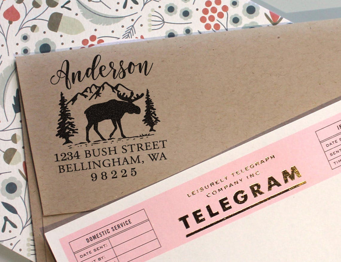 Return Address Stamp Mountain Stamp With Moose Wedding Etsy