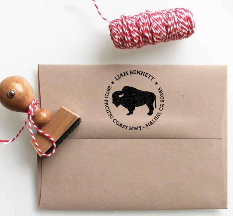 Custom Address Stamp With Buffalo Bison Rubber Stamp Return Etsy