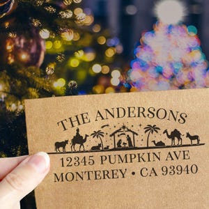 Christian Nativity Scene Christmas Address Stamp Birth of Jesus Christ Return Address Stamp Holiday Gift Self Inking or Wood Stamp