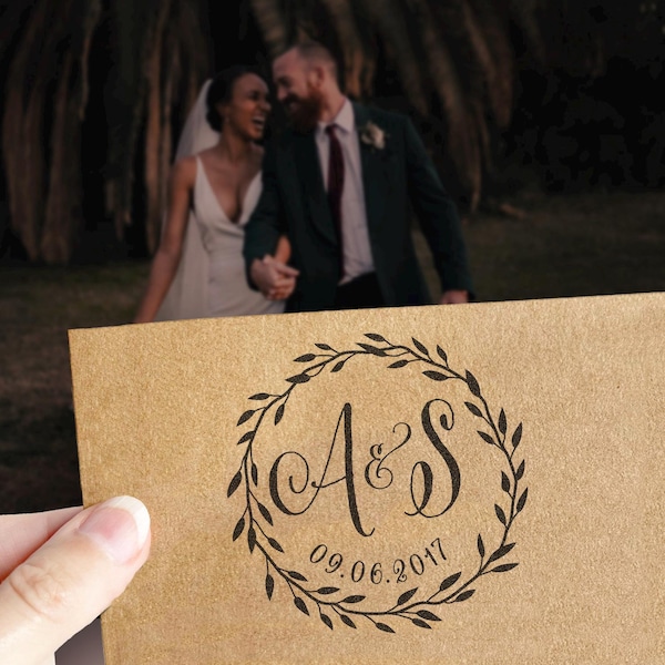 Custom wedding stamp, circular monogram save the date stamp with wedding date and initials, rubber stamp and self inking stamp