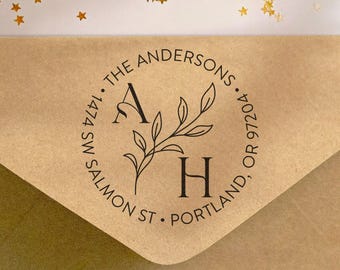 Elegant Wedding Monogram Greenery Leaves Return Address Stamp Initials Save The Date Logo Self Inking or Wooden Rubber