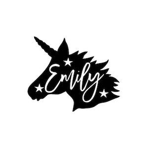 May include: Black silhouette of a unicorn head with the name "Emily" written inside. The unicorn has a horn and stars around the name.