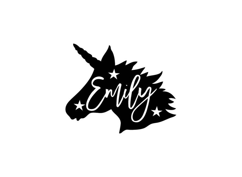 May include: Black silhouette of a unicorn head with the name "Emily" written inside. The unicorn has a horn and stars around the name.