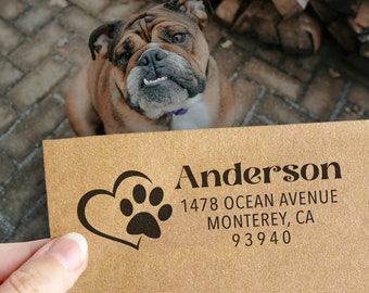 Custom Retrurn Address Stamp Heart Paw Dog Owner Holiday Wedding Housewarming Gift Self Inking or Wooden Rubber Stamp